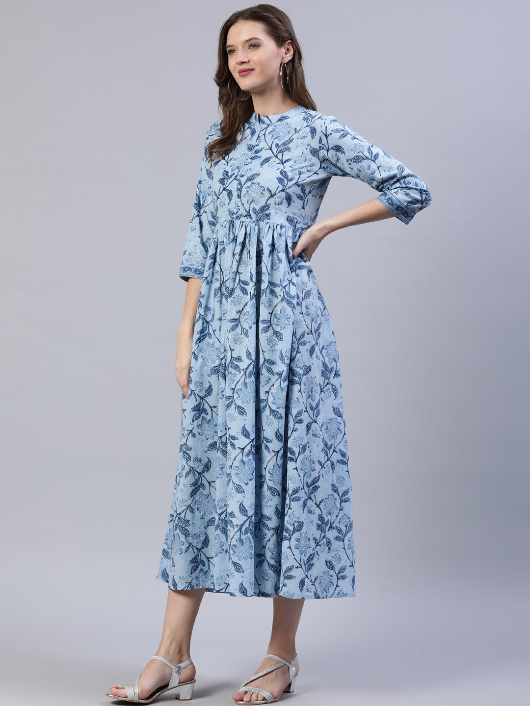 Women's Blue Floral Printed Dress With Three Quarter Sleeves