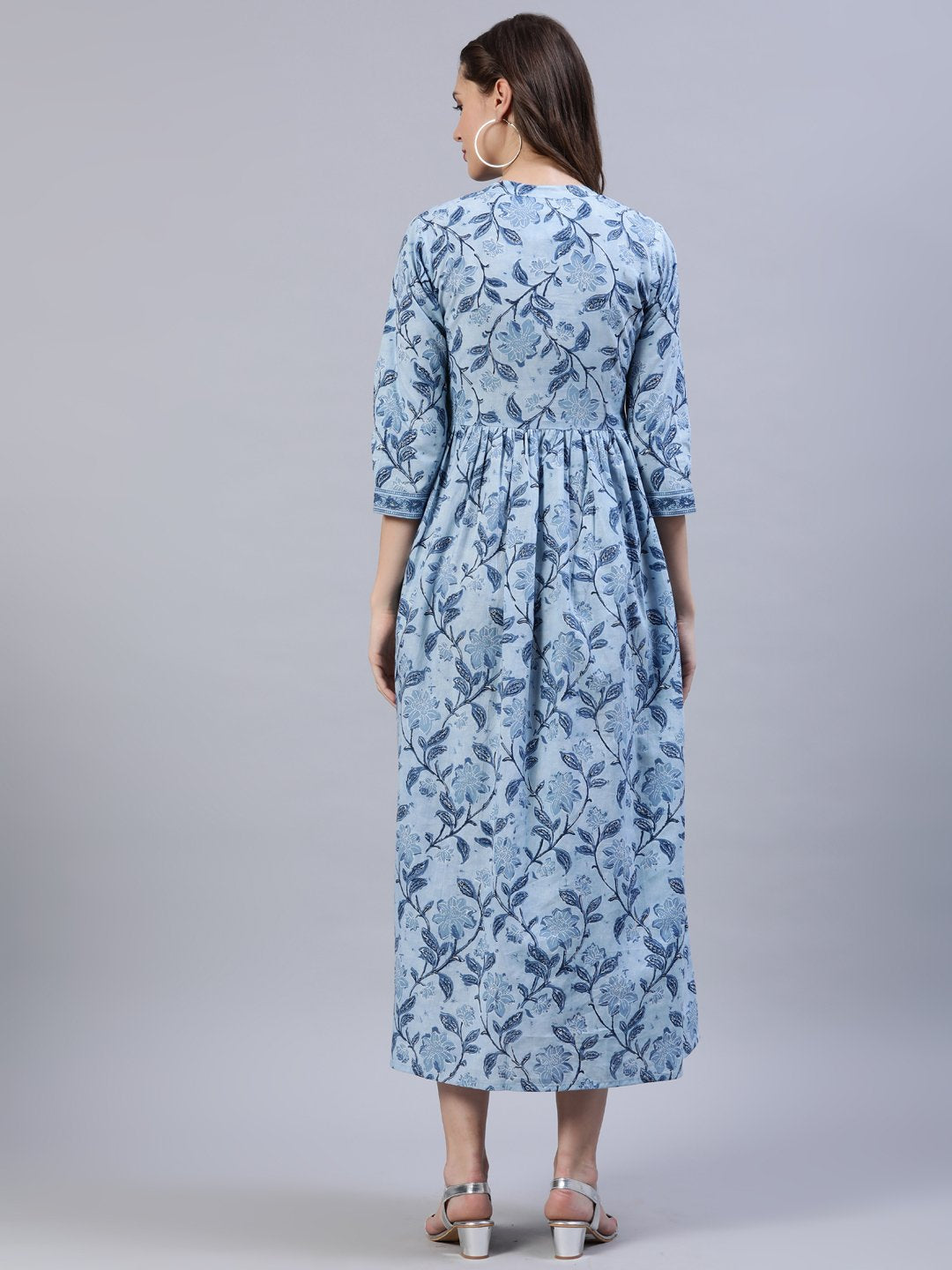 Women's Blue Floral Printed Dress With Three Quarter Sleeves