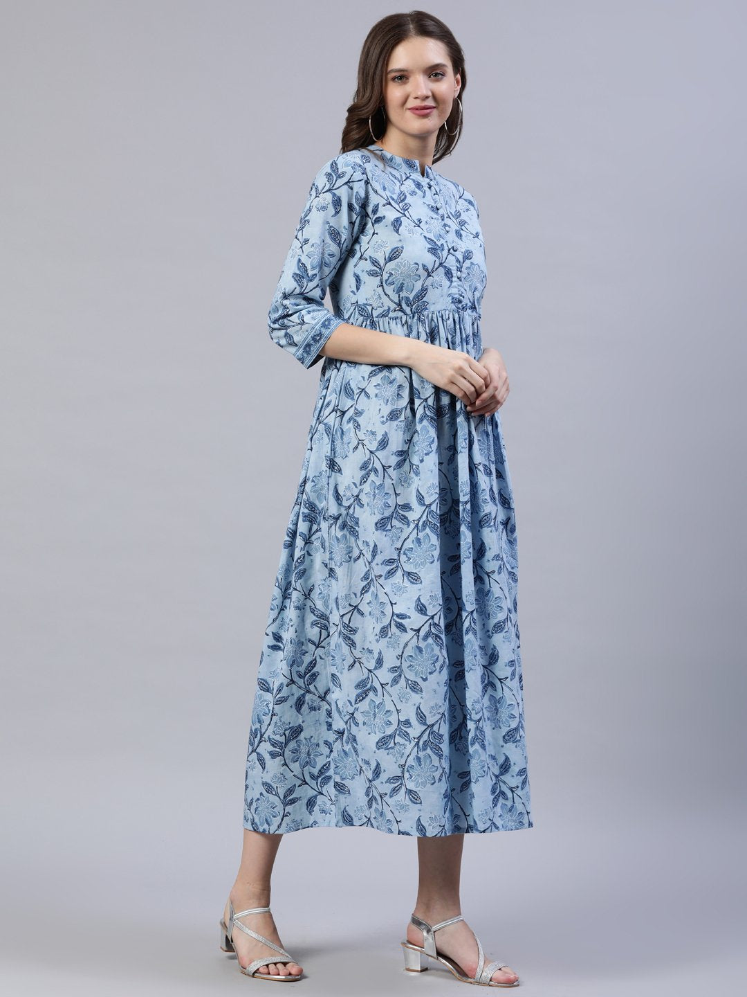 Women's Blue Floral Printed Dress With Three Quarter Sleeves