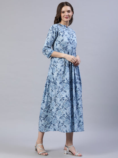 Women's Blue Floral Printed Dress With Three Quarter Sleeves