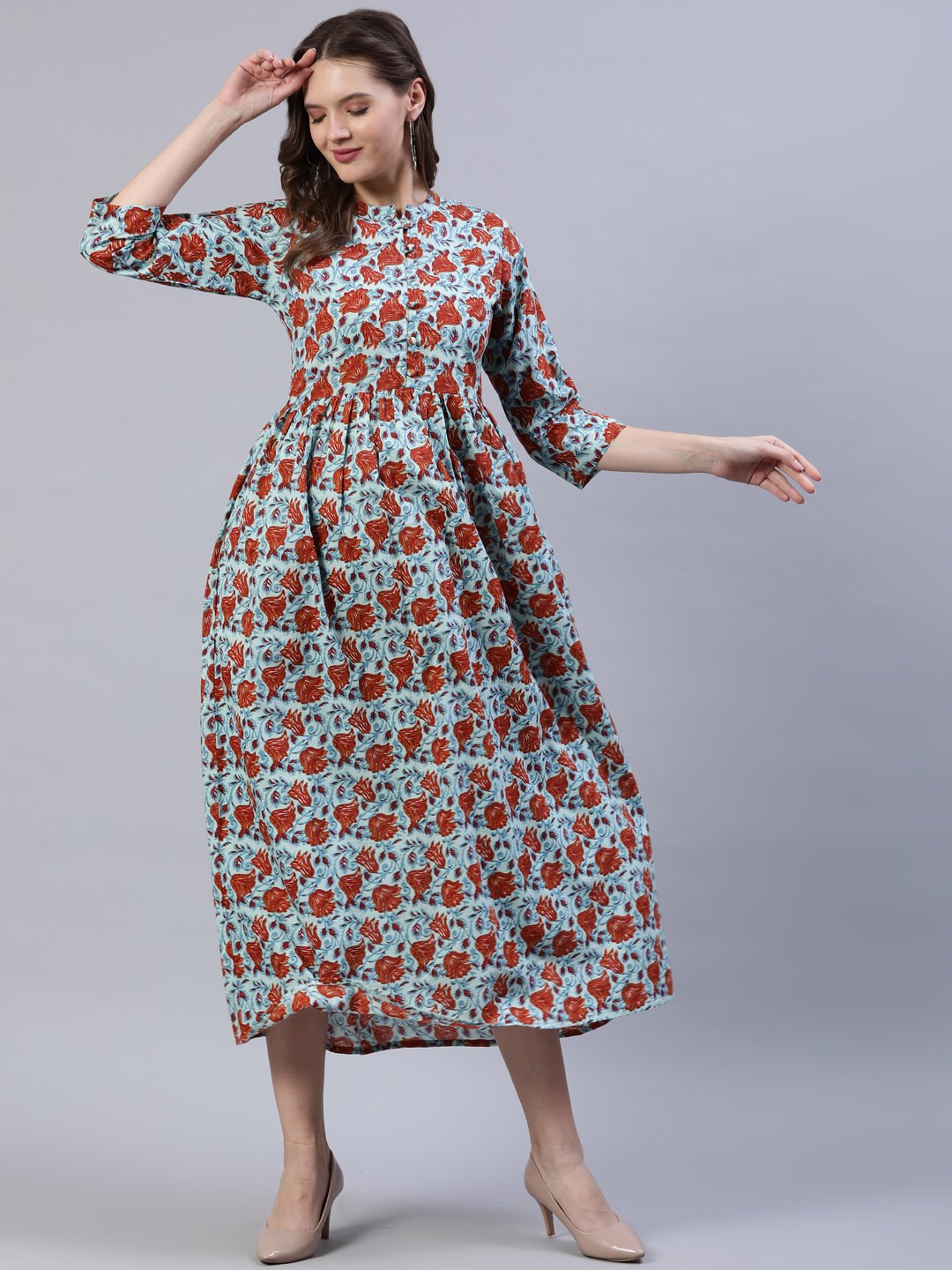 Women's Blue & Rust Floral Printed Dress With Three Quarter Sleeves