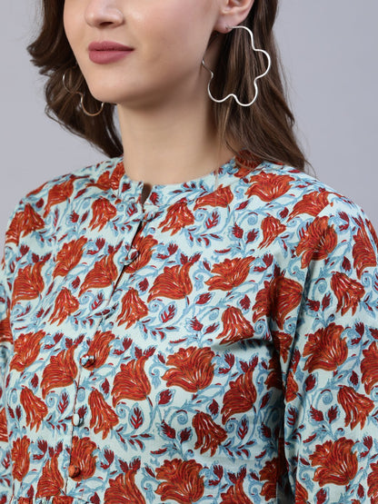 Women's Blue & Rust Floral Printed Dress With Three Quarter Sleeves