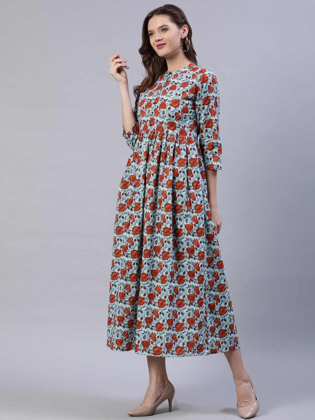Women's Blue & Rust Floral Printed Dress With Three Quarter Sleeves