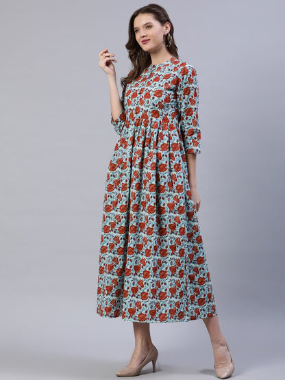 Women's Blue & Rust Floral Printed Dress With Three Quarter Sleeves