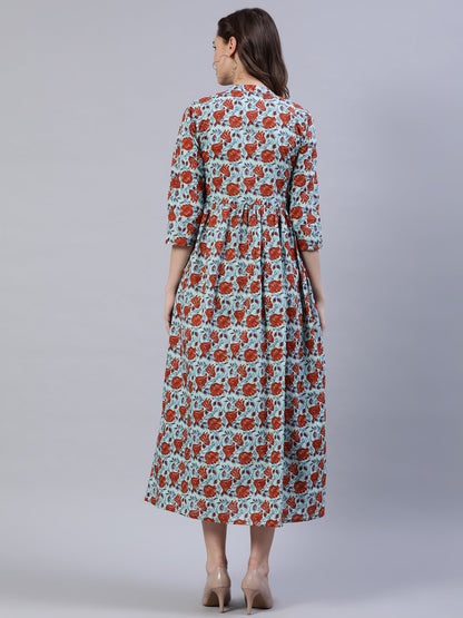 Women's Blue & Rust Floral Printed Dress With Three Quarter Sleeves