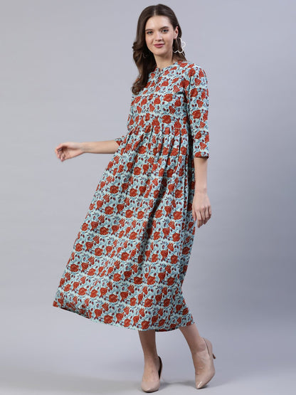Women's Blue & Rust Floral Printed Dress With Three Quarter Sleeves