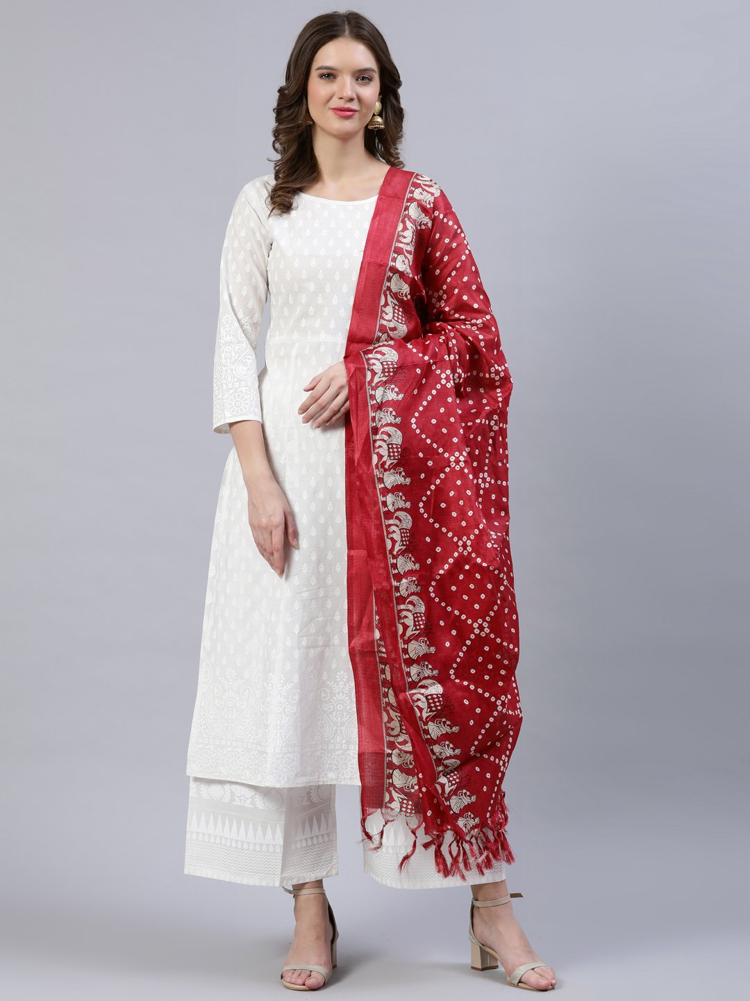 Women's Off-White Printed A- Line Kurta With Palazo & Dupatta