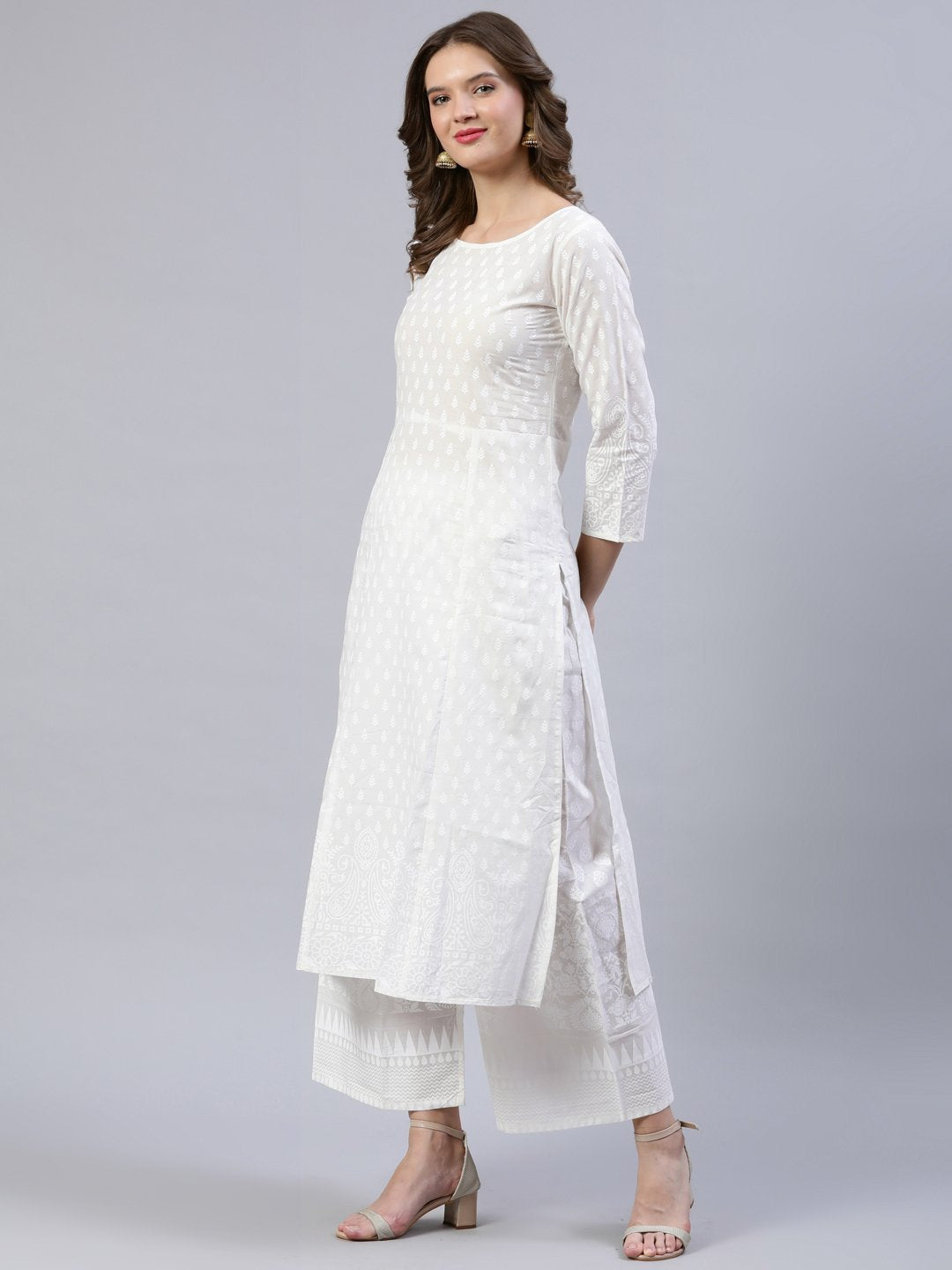 Women's Off-White Printed A- Line Kurta With Palazo & Dupatta