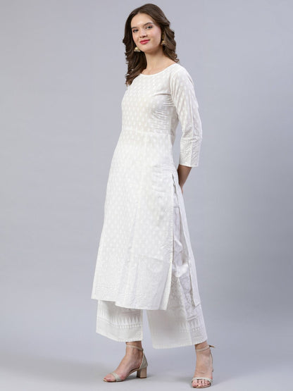Women's Off-White Printed A- Line Kurta With Palazo & Dupatta