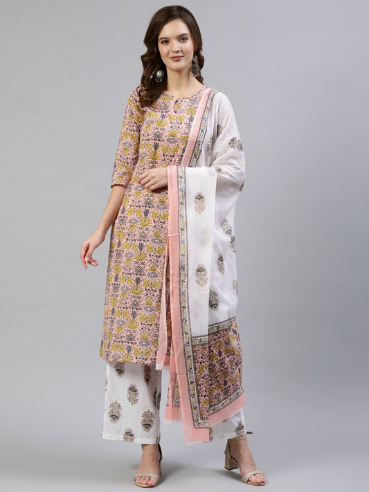 Women's Peach Floral Printed Flared Kurta With Trouser & Dupatta