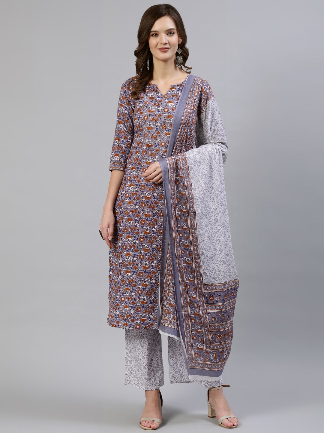 Women's Grey Floral Printed Straight Kurta With Palazo & Dupatta