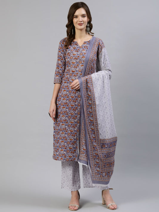 Women's Grey Floral Printed Straight Kurta With Palazo & Dupatta
