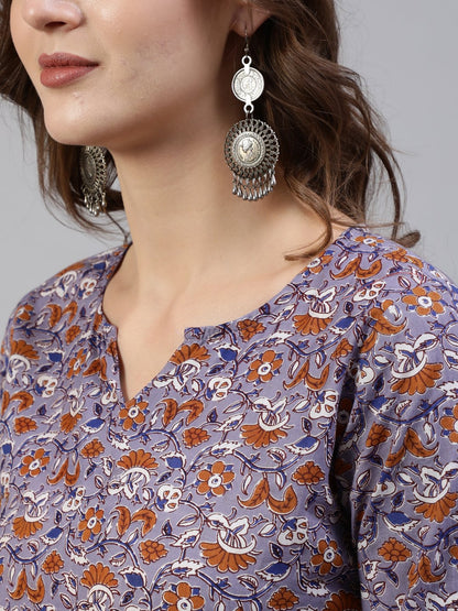 Women's Grey Floral Printed Straight Kurta With Palazo & Dupatta