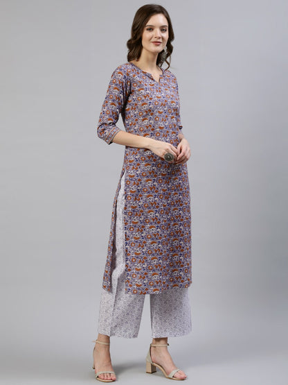 Women's Grey Floral Printed Straight Kurta With Palazo & Dupatta