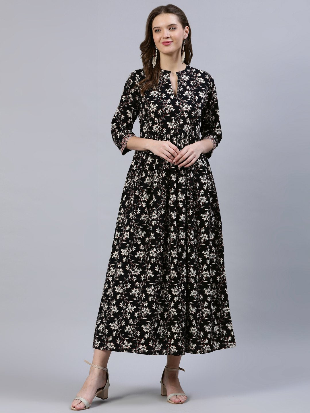 Women's Black Floral Printed Dress With Three Quarter Sleeves