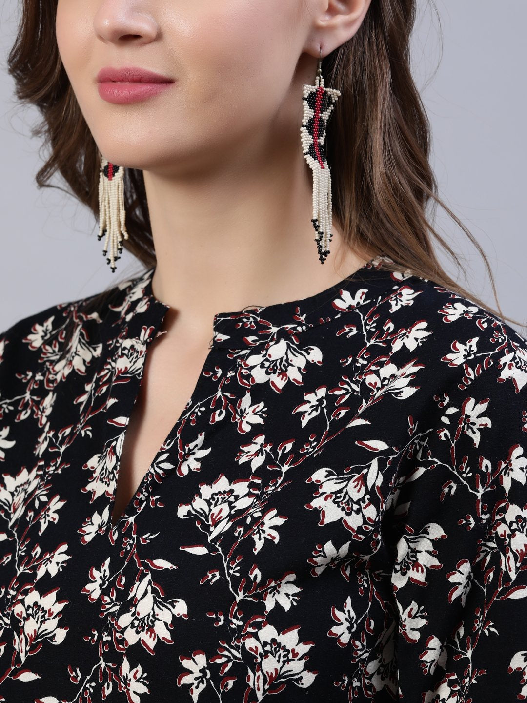 Women's Black Floral Printed Dress With Three Quarter Sleeves
