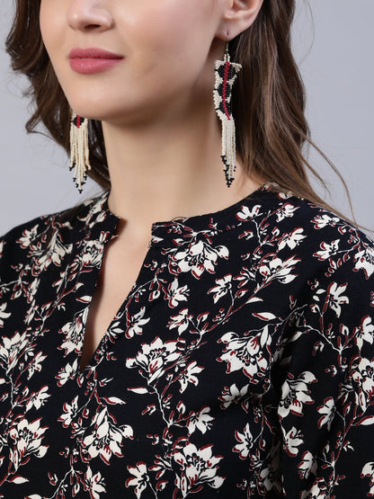 Women's Black Floral Printed Dress With Three Quarter Sleeves