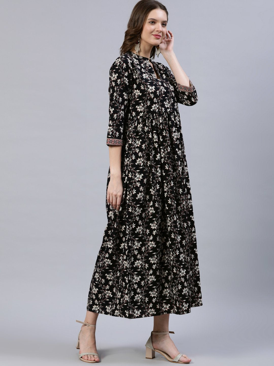 Women's Black Floral Printed Dress With Three Quarter Sleeves