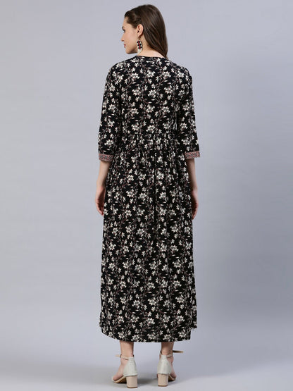 Women's Black Floral Printed Dress With Three Quarter Sleeves