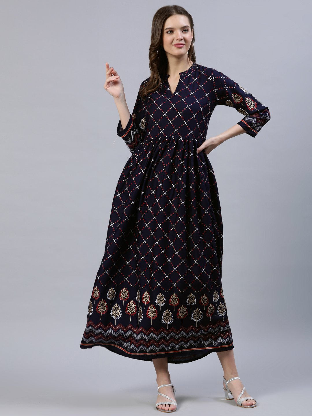 Women's Navy Blue Printed Dress With Three Quarter Sleeves