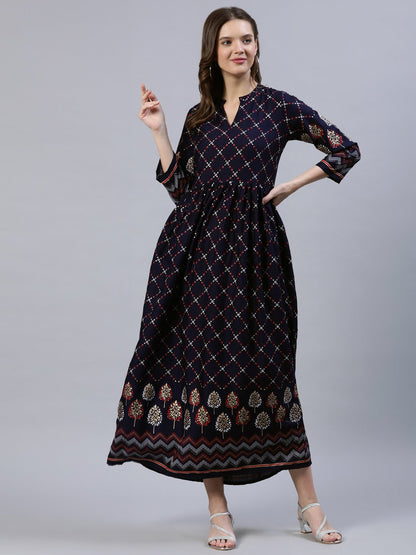 Women's Navy Blue Printed Dress With Three Quarter Sleeves