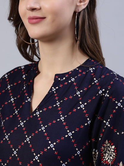 Women's Navy Blue Printed Dress With Three Quarter Sleeves
