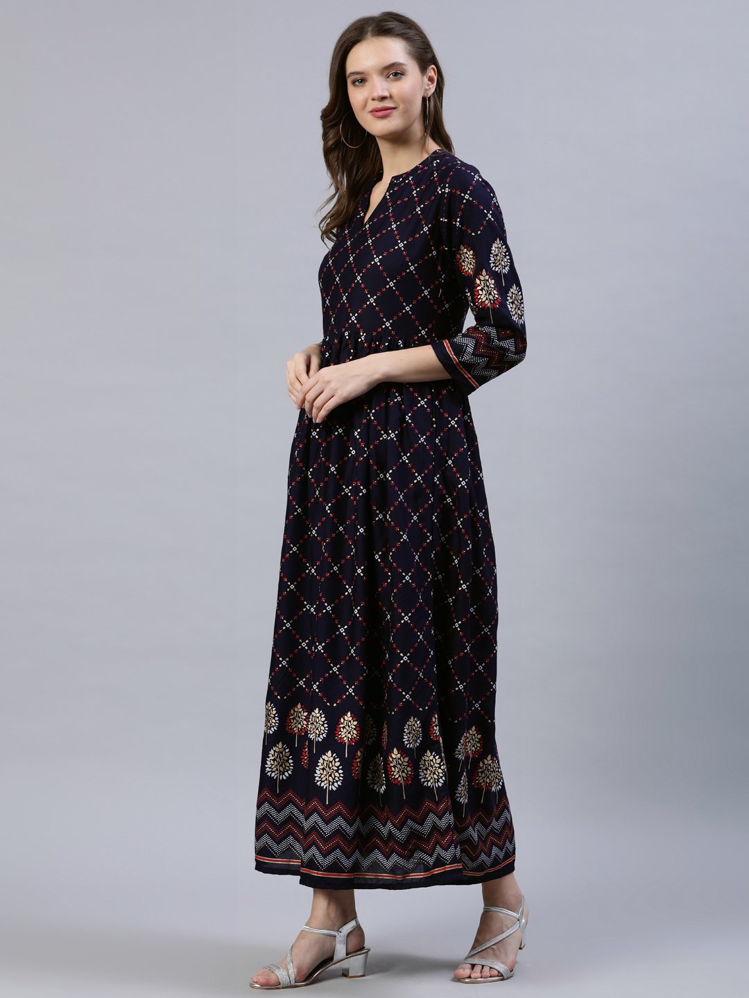 Women's Navy Blue Printed Dress With Three Quarter Sleeves