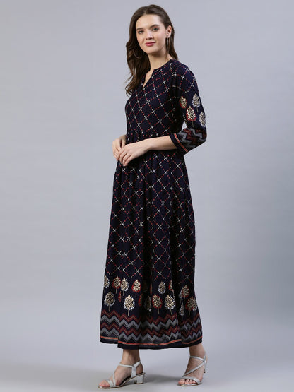 Women's Navy Blue Printed Dress With Three Quarter Sleeves