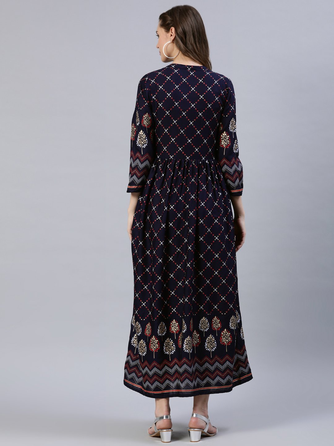 Women's Navy Blue Printed Dress With Three Quarter Sleeves