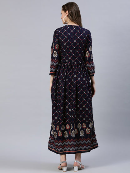 Women's Navy Blue Printed Dress With Three Quarter Sleeves