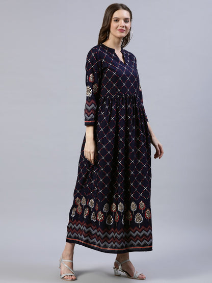 Women's Navy Blue Printed Dress With Three Quarter Sleeves