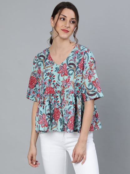 Women's Green Printed Top With V Neck & Three Quarter Sleeves