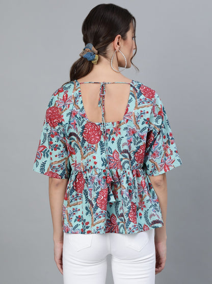 Women's Green Printed Top With V Neck & Three Quarter Sleeves