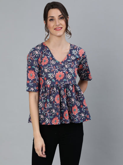 Women's Blue Printed Top With V Neck & Three Quarter Sleeves