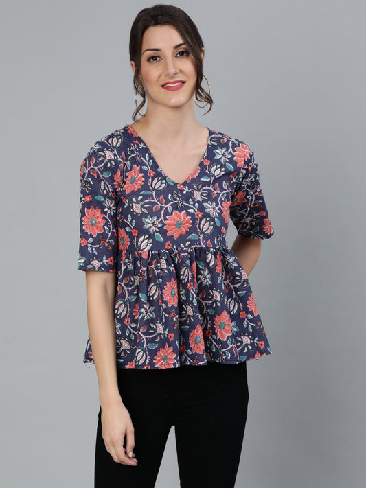 Women's Blue Printed Top With V Neck & Three Quarter Sleeves