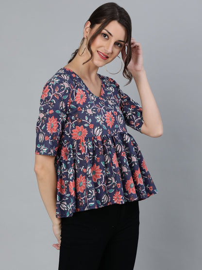 Women's Blue Printed Top With V Neck & Three Quarter Sleeves