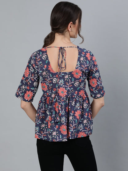 Women's Blue Printed Top With V Neck & Three Quarter Sleeves