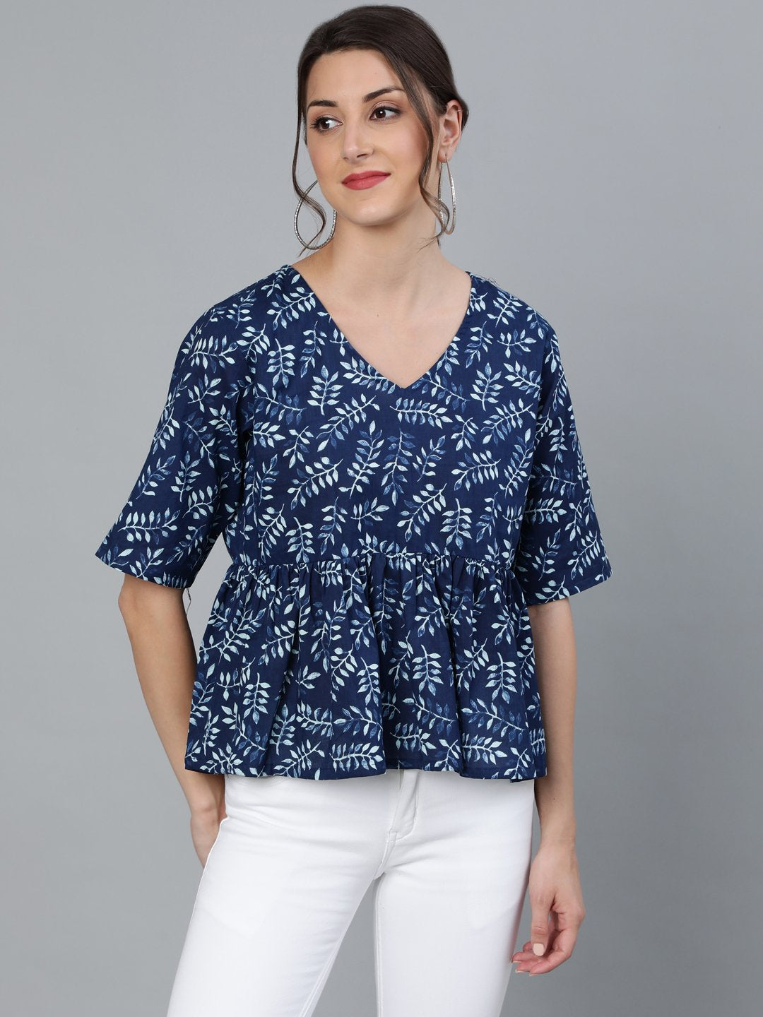 Women's Indigo Blue Printed Top With V Neck & Three Quarter Sleeves