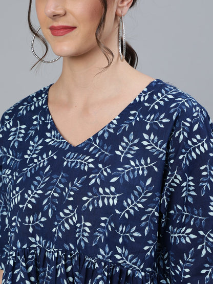 Women's Indigo Blue Printed Top With V Neck & Three Quarter Sleeves
