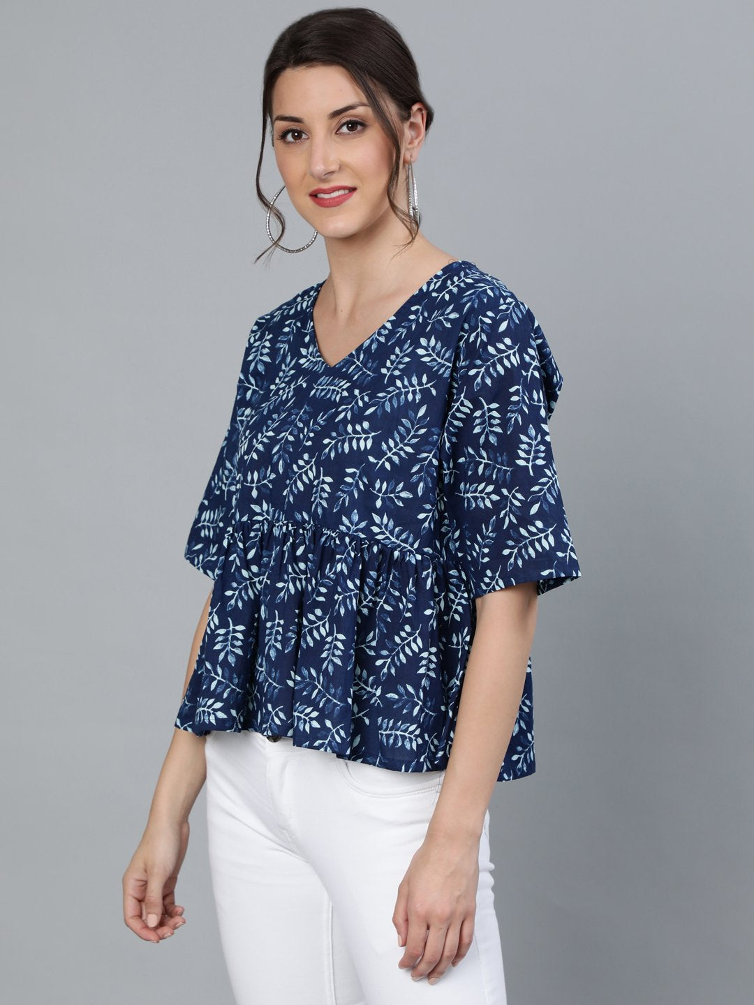 Women's Indigo Blue Printed Top With V Neck & Three Quarter Sleeves