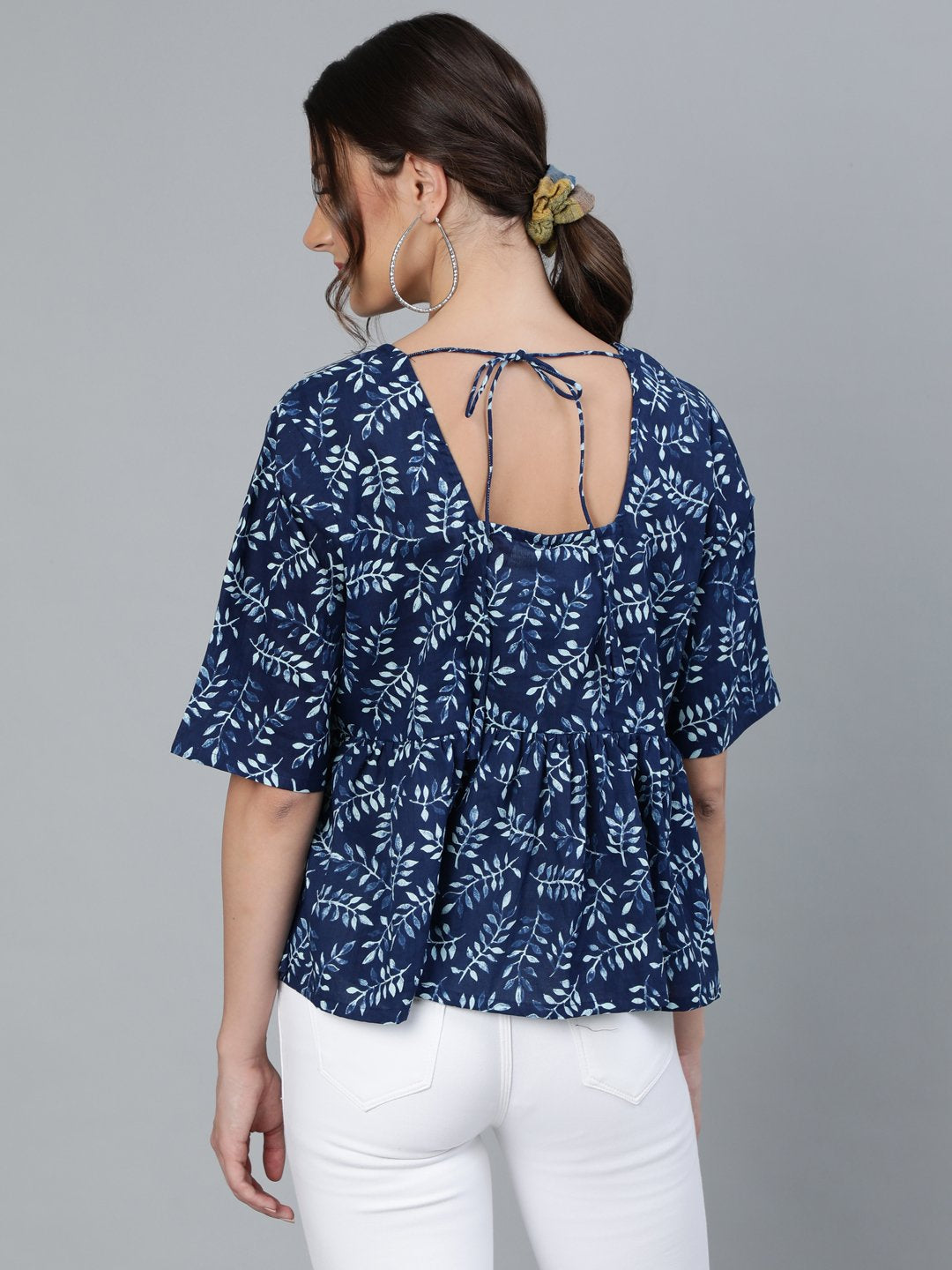 Women's Indigo Blue Printed Top With V Neck & Three Quarter Sleeves