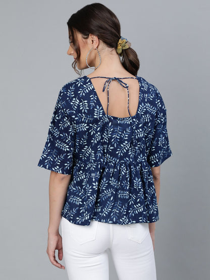 Women's Indigo Blue Printed Top With V Neck & Three Quarter Sleeves