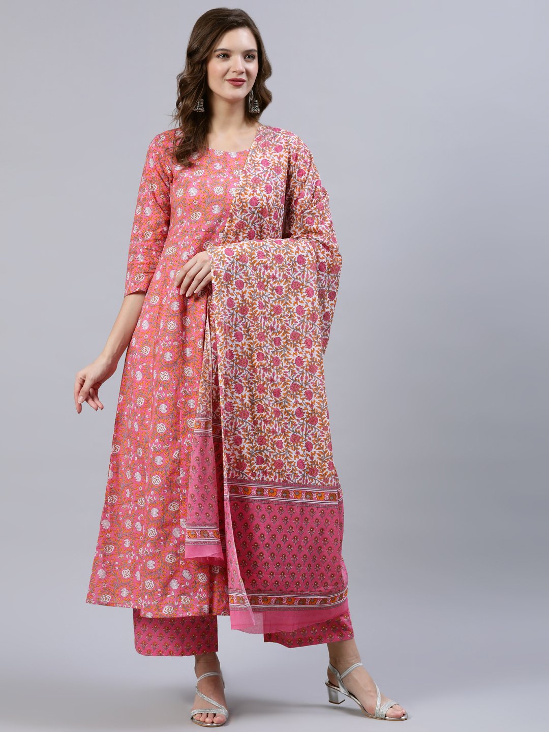 Women's Pink Floral Printed Anarkali Kurta With Palazo & Dupatta