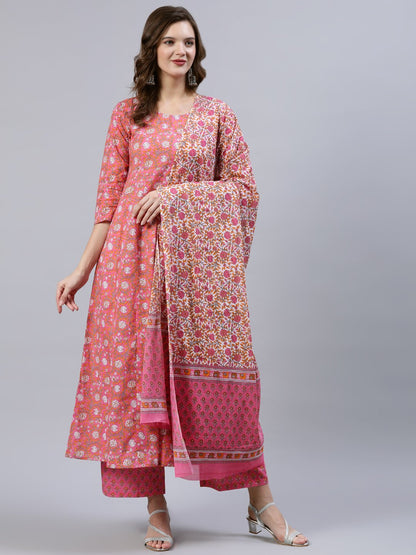 Women's Pink Floral Printed Anarkali Kurta With Palazo & Dupatta