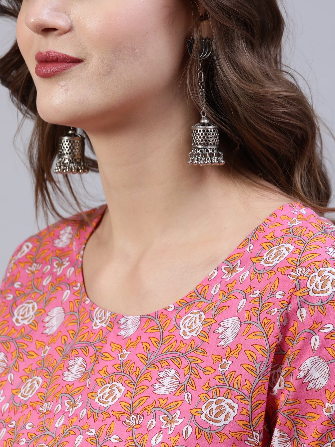 Women's Pink Floral Printed Anarkali Kurta With Palazo & Dupatta