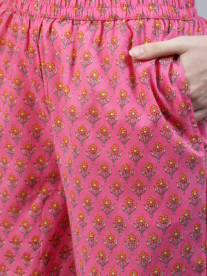 Women's Pink Floral Printed Anarkali Kurta With Palazo & Dupatta