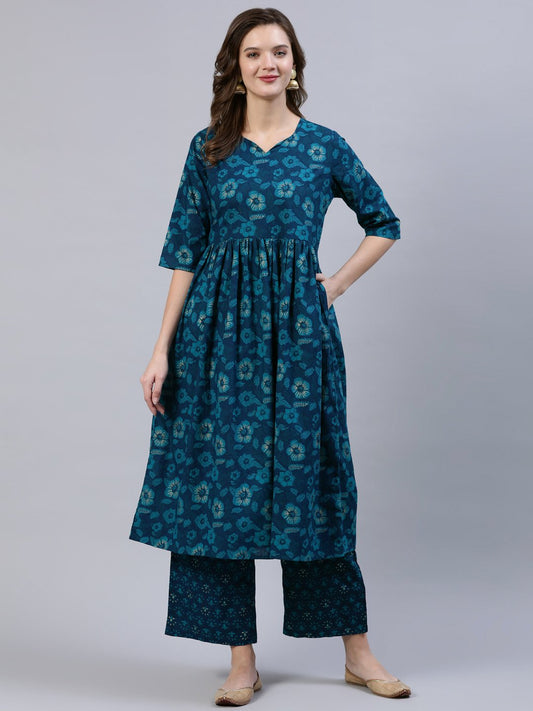 Women's Green Floral Printed Gathered Kurta With Palazo