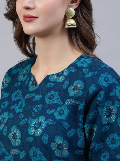 Women's Green Floral Printed Gathered Kurta With Palazo