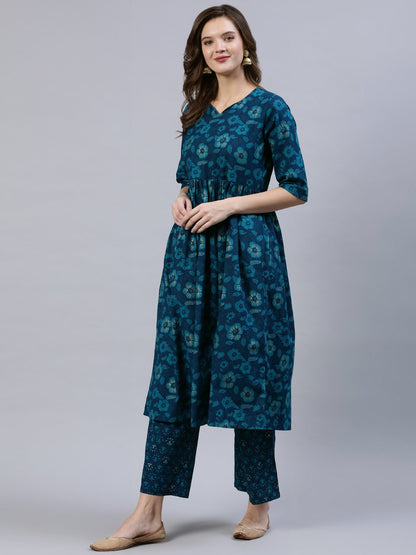 Women's Green Floral Printed Gathered Kurta With Palazo