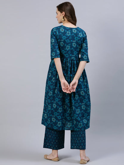 Women's Green Floral Printed Gathered Kurta With Palazo